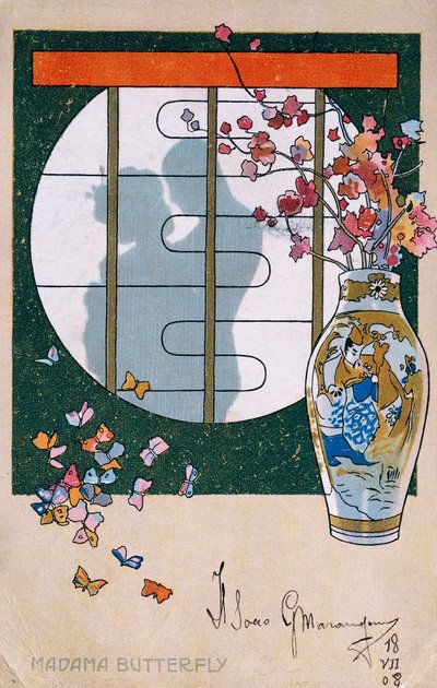 Postal creada para el estreno de "Madame Butterfly", en Brescia de Leopoldo Metlicovitz