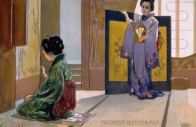 Tarjeta postal creada para el estreno de "Madame Butterfly", en Brescia de Leopoldo Metlicovitz