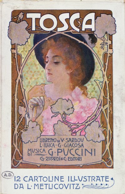 Página de título de la partitura de la ópera Tosca de Puccini, c.1910 (litografía en color) de Leopoldo Metlicovitz