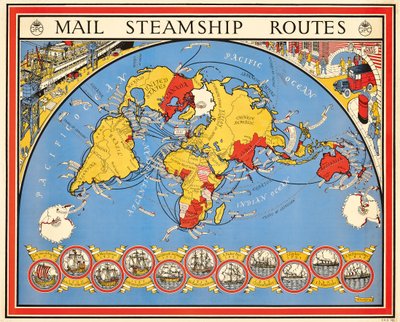 Cartel que anuncia las rutas de los barcos de vapor de correo de Leslie MacDonald Gill