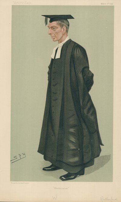 W S Rutherford, el Director de la Escuela de Westminster, Westminster, 2 de marzo de 1889, caricatura de Vanity Fair de Leslie Matthew Ward