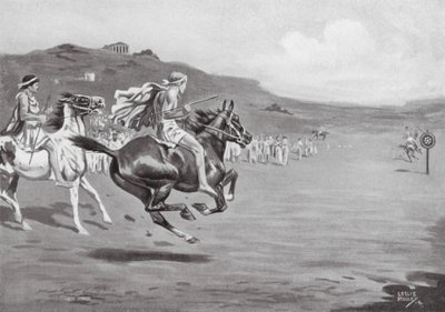 Jinetes griegos lanzando la jabalina (litografía) de Leslie Mosley