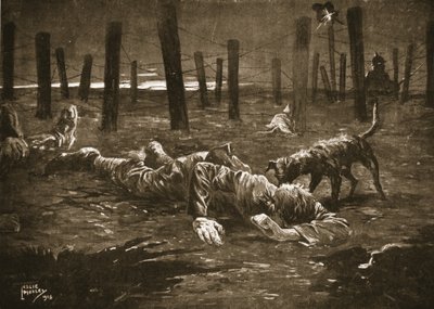 El sargento Burge fingiendo estar muerto al ser descubierto por un perro frente a los alambres de púas del enemigo de Leslie Mosley