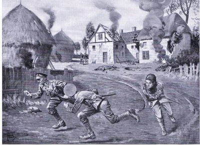El sargento Cooper y dos camaradas corriendo bajo fuego enemigo después de incendiar una granja y varios pajares de Leslie Mosley