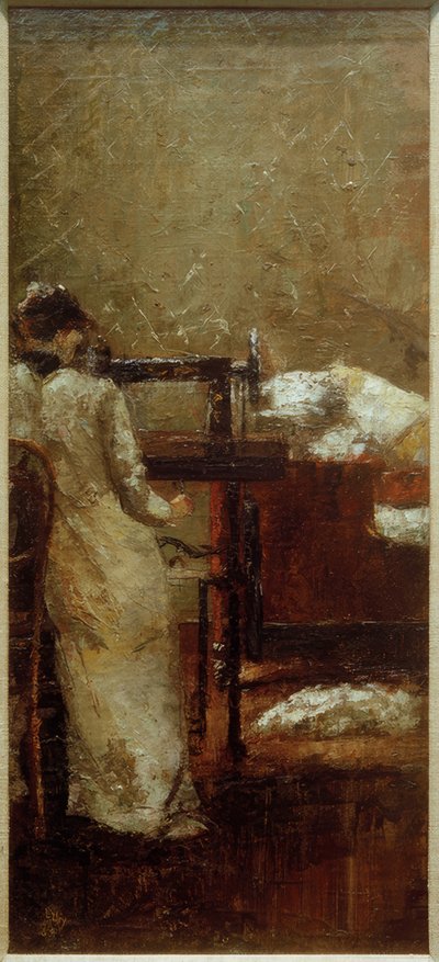 Mujer en la máquina de coser de Lesser Ury