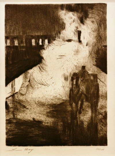 L.Ury, Impresiones nocturnas (con coche frente a vapor de locomotora) de Lesser Ury
