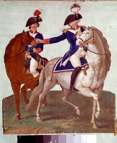 Comandante del ejército parisino dando órdenes a su ayudante de campo: representación de soldados durante la Revolución de 1789 (gouache de los hermanos Lesueur) de Lesueur Brothers