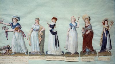 Diferentes mujeres jóvenes representando la moda femenina durante la Revolución de Lesueur Brothers