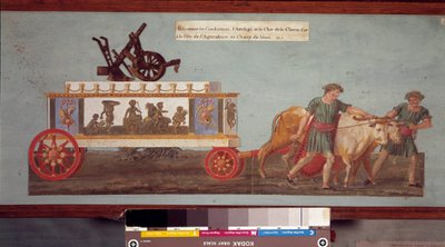 Fiesta de la agricultura, carro de la Fiesta Revolucionaria arado de oro que comenzó en 1799 en los Campos de Marte. Gouache de los hermanos Lesueur (siglo XVIII), París Museo Carnavalet de Lesueur Brothers
