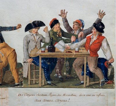 Revolución Francesa: Ciudadanos cantando el himno de Marsella. Grabado de los hermanos Lesueur (siglo XVIII). Museo Carnavalet, París de Lesueur Brothers