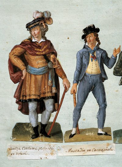 Revolución Francesa: trajes de dandis realistas imaginarios (muscadin). Gouache de los hermanos Lesueur (siglo XVIII) Museo Carnavalet de Lesueur Brothers
