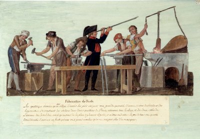 Revolución Francesa de 1789: fabricación de rifles. Las diferentes etapas de la fabricación de armas por herreros. Gouache de los hermanos Lesueur de Lesueur Brothers