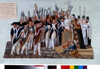 Revolución francesa: el juramento de los distritos. Después de la proclamación de la Constitución, el pueblo se reunió en las plazas públicas, los curas presidieron las reuniones. Gouache de los hermanos Lesueur (siglo XVIII). 1789. París, Museo Carnavalet de Lesueur Brothers