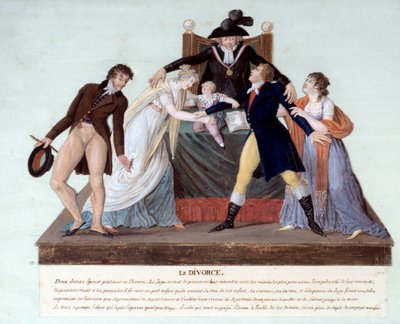 Divorcio republicano: una escena de reconciliación en la época de la Revolución Francesa entre dos esposas a punto de divorciarse, el marido adúltero rechaza a su amante mientras la esposa abraza a su hijo. Siglo XVIII. Gouache de los hermanos Lesueur, Mus de Lesueur Brothers