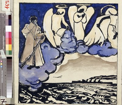 "Guerra". Rusia. 1914" Alegoría de la Primera Guerra Mundial. Un soldado y los ángeles. Pluma y gouache de Lev Bruni (1894-1948) 1914 Museo Estatal de Historia, Arquitectura y Arte, Rybinsk, Rusia de Lev Aleksandrovitc Bruni