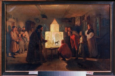 La linterna mágica en una casa campesina - Pintura de Lev Grigorievich Solovyev (1837-1919), óleo sobre lienzo de Lev Grigoryevich Solovyev