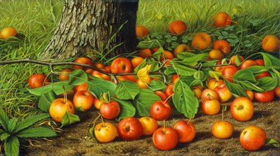 Bodegón con manzanas junto a un árbol (óleo sobre lienzo) de Levi Wells Prentice