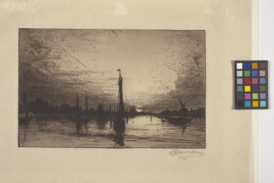 Puesta de sol en el Rin cerca de Colonia (aguafuerte) de Lewis Henry Meakin