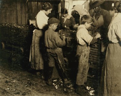 Jimmie de 10 años que ha estado pelando durante 3 años (6 potes al día) con un niño de 11 años que pela 7 potes en Varn und Platt Canning Co., Bluffton, Carolina del Sur, 1913 de Lewis Wickes Hine