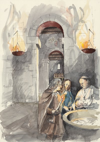 Bautismo en la iglesia de San Pedro, Barton-upon-Humber, Lincolnshire (acuarela sobre papel) de Liam Wales