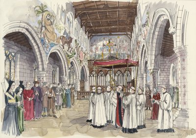 Procesión ceremonial en la iglesia de San Pedro, Barton-upon-Humber, Lincolnshire (acuarela sobre papel) de Liam Wales