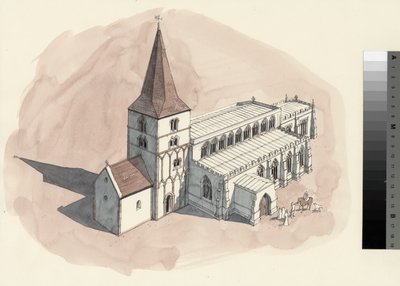 Dibujo de reconstrucción de la iglesia de San Pedro durante el siglo XV (acuarela sobre papel) de Liam Wales