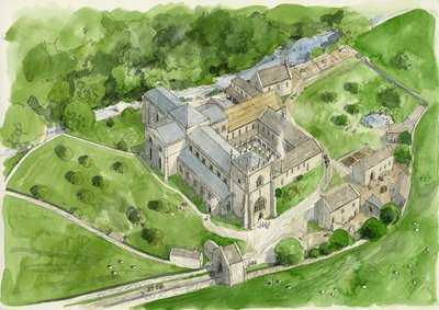 Reconstrucción de la abadía de Shap en los años 1530 (acuarela sobre papel) de Liam Wales