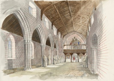 Reconstrucción de la nave de la iglesia abacial de Shap Abbey c.1530 (acuarela sobre papel) de Liam Wales