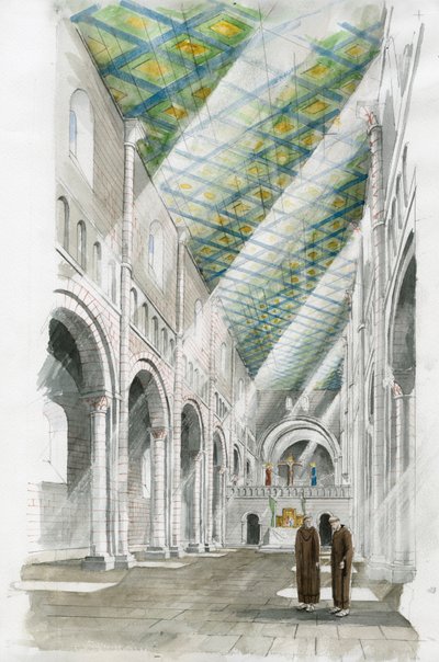 Reconstrucción del interior de la iglesia de Old Sarum (acuarela sobre papel) de Liam Wales