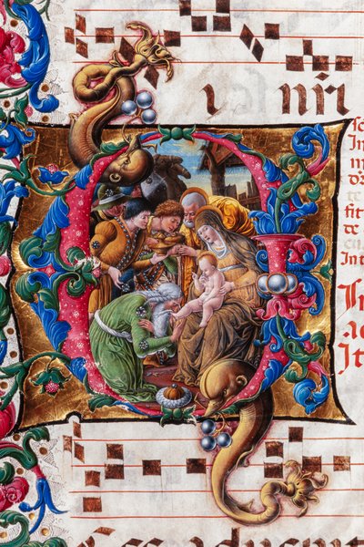 Biblioteca Piccolomini: libro de coro, cod. 19.4, ff. 9v con la "Adoración de los Reyes Magos", de Liberale da Verona (hacia 1445 - 1527/9). Detalle. de Liberale da Verona