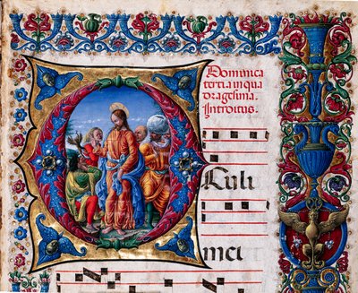 Biblioteca Piccolomini: libro de coro, cod. 21.6, ff. 2r con "Expulsión de un espíritu impuro", por Liberale da Verona (hacia 1445 - 1527/9). Detalle. de Liberale da Verona