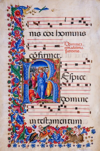 Biblioteca Piccolomini: libro de coro, cod. 24.9, ff. 67v con la "Curación del leproso", de Liberale da Verona (hacia 1445 - 1527/9). de Liberale da Verona