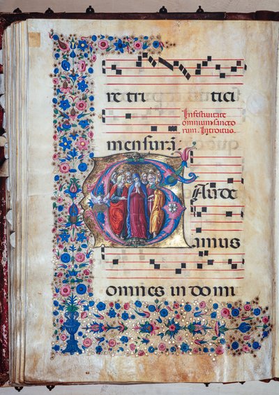 Biblioteca Piccolomini: libro de coro, cod. 28.12, ff. 94v con la "Virgen y todos los Santos", de Francesco Rosselli y Liberale da Verona (hacia 1445 - 1527/9). de Liberale da Verona