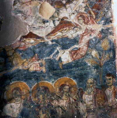 Ángel y santos, fresco en el monasterio de Agios Georgios, Diavaide, Creta, Grecia de Unbekannt Unbekannt