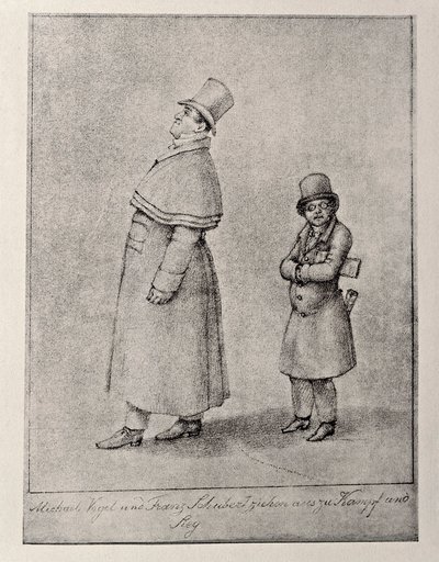 Austria, Viena, Caricatura del barítono austriaco Johann Michael Vogl y el compositor Franz Peter Schubert, circa 1825, dibujo a lápiz de Unbekannt Unbekannt