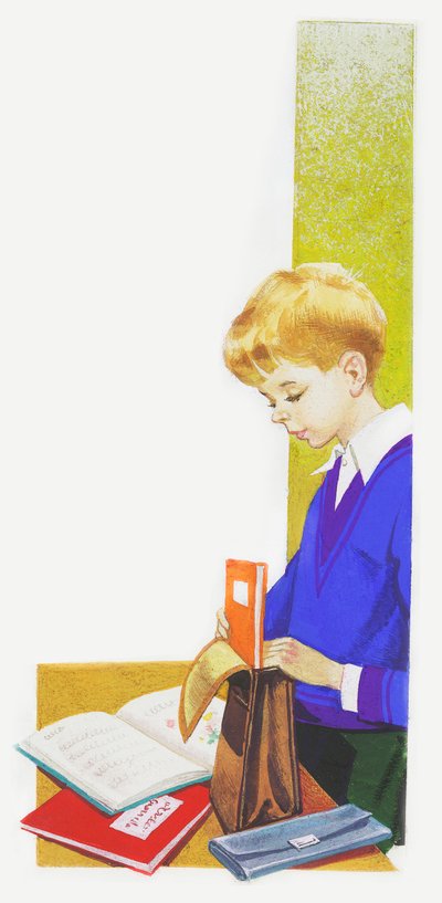 Niño preparando su carpeta para la escuela, dibujo de Unbekannt Unbekannt