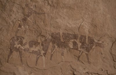 Ganado y figuras humanas, pintura rupestre, Oued en Djeran, Cerca de Djanet, Tassili n