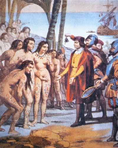Cristóbal Colón desembarca en el Nuevo Mundo en 1492 y es recibido por los indios taínos de Unbekannt Unbekannt