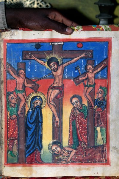 Crucifixión, manuscrito en el museo de la Iglesia de Santa María de Sion (siglo XVII), Aksum (Lista del Patrimonio Mundial de la Unesco) de Unbekannt Unbekannt