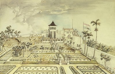 Casa holandesa con jardín cerrado en la isla de Java, Indonesia, grabado de Unbekannt Unbekannt