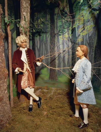 Francia, Castillo de Chenonceau, Valle del Loira, Jean Jacques Rousseau dando lección en los jardines de Chenonceau al hijo de Claude Dupin; Escribirá un tratado para la educación de Emilio, reproducción en Museo de Cera de Unbekannt Unbekannt