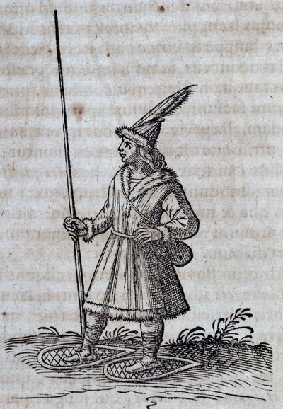 Habitante de Canadá (Francia Canadiense) con raquetas de nieve, ilustración de Descripción de la Nueva Francia de Unbekannt Unbekannt