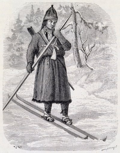 Lars Tuorda, atleta lapón ganando la competencia de esquí de fondo organizada en 1884 por Adolf Erick Nordenskjold, dibujo a tinta china de Unbekannt Unbekannt