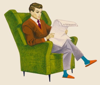 Hombre leyendo el periódico mientras está sentado en un sillón, dibujo de Unbekannt Unbekannt