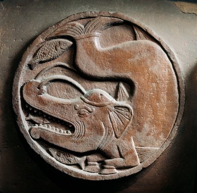 Medallón con animal marino de la cabeza de un elefante devorando un pez, relieve del Stupa de Bharhut, monumento budista, Madhya Pradesh, India, Civilización india, siglo II a.C. de Unbekannt Unbekannt