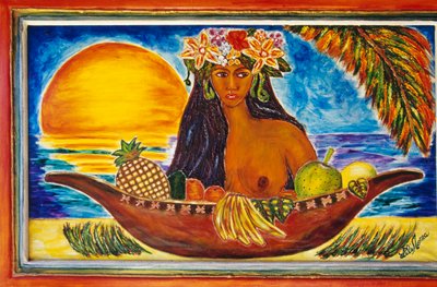 Vidriera pintada que representa a una mujer polinesia, isla de Moorea, Islas de la Sociedad, Polinesia Francesa (territorio de ultramar de la República Francesa), detalle de Unbekannt Unbekannt
