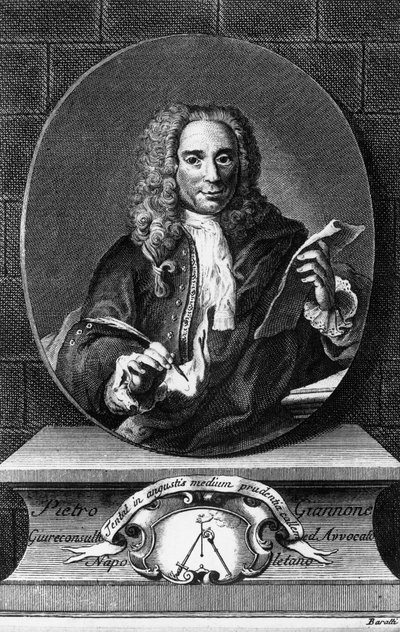Retrato de Pietro Giannone, filósofo, historiador y jurista italiano, grabado por Antonio Baratti de Istoria civile del Regno di Napoli por Pietro Giannone, publicado por Giambattista Pasquali de Unbekannt Unbekannt