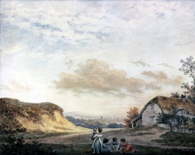 Paisaje rural por Luke Howard con niños jugando junto a una cabaña, c 1808-1811 de Unbekannt Unbekannt