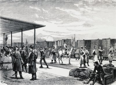 Convoy militar ruso en la estación de Bustiu, en el ferrocarril Bucarest-Galati, guerra ruso-turca, grabado, Rumanía de Unbekannt Unbekannt