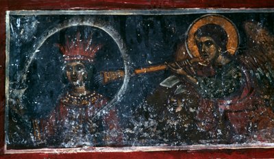 Santo tocando el cuerno, fresco en la Iglesia de Agios Ioannis Prodromos, Margarites, Creta, Grecia de Unbekannt Unbekannt